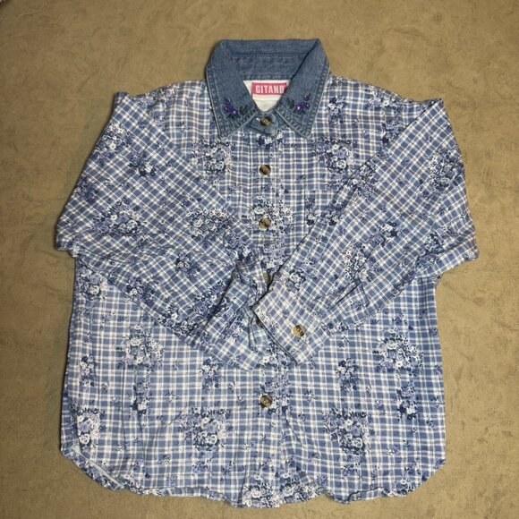 Vintage Gitano Girls Shirt Size 6 Plaid Floral Denim Collar Embroidered 90s - Picture 1 of 5